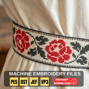 Könnte beinhalten: Cremefarbener Gürtel mit detailliertem floralem Stickdesign in Rot und Schwarz. Der Gürtel weist ein sich wiederholendes Muster aus Rosen und Blättern auf. Das Bild enthält auch den Text "MACHINE EMBROIDERY FILES" und "INSTANT DOWNLOAD".