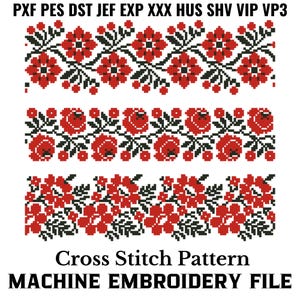 Könnte beinhalten: Eine digitale Stickdatei für ein Kreuzstichmuster mit einem roten Blumendesign und schwarzen Blättern. Die Datei ist kompatibel mit verschiedenen Stickmaschinen und Formaten, darunter PXF, PES, DST, JEF, EXP, XXX, HUS, SHV, VIP und VP3.