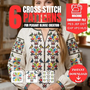 Puede incluir: Imagen de una mujer con una blusa campesina color crema con bordados de punto de cruz coloridos. La blusa tiene cuello en V y mangas largas. La imagen incluye texto: "6 CROSS STITCH PATTERNS FOR PEASANT BLOUSE CREATION" y "MACHINE EMBROIDERY FILE".