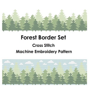 以下が含まれることがあります： 緑の木々の繰り返し模様のクロスステッチの森のボーダーセット。「Forest Border Set, Cross Stitch, Machine Embroidery Pattern」の文字が黒字で表示されています。