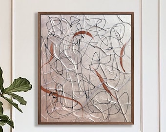 Large Silver Texture Abstract Painting: Black Bohemian Canvas Art