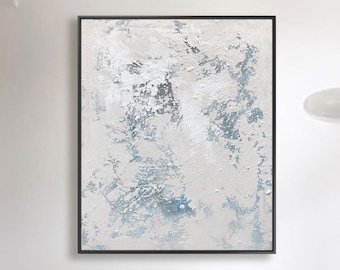 Large White Abstract Painting: 3D Texture, Grey Blue Acrylic Art