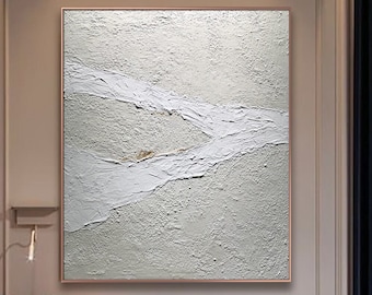 Oversized abstract painting on canvas, grey and white 3D texture painting, living room abstract painting, minimalist painting