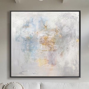 Large Abstract White Painting, Gold 3D Texture Painting, Grey Blue ...