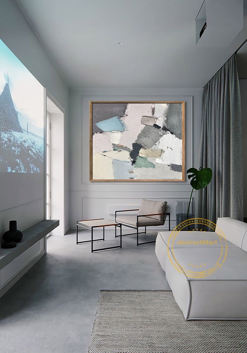 Oversized Abstract Painting, Light Blue 3D Textured Abstraction, Oil on Canvas, Bohemian