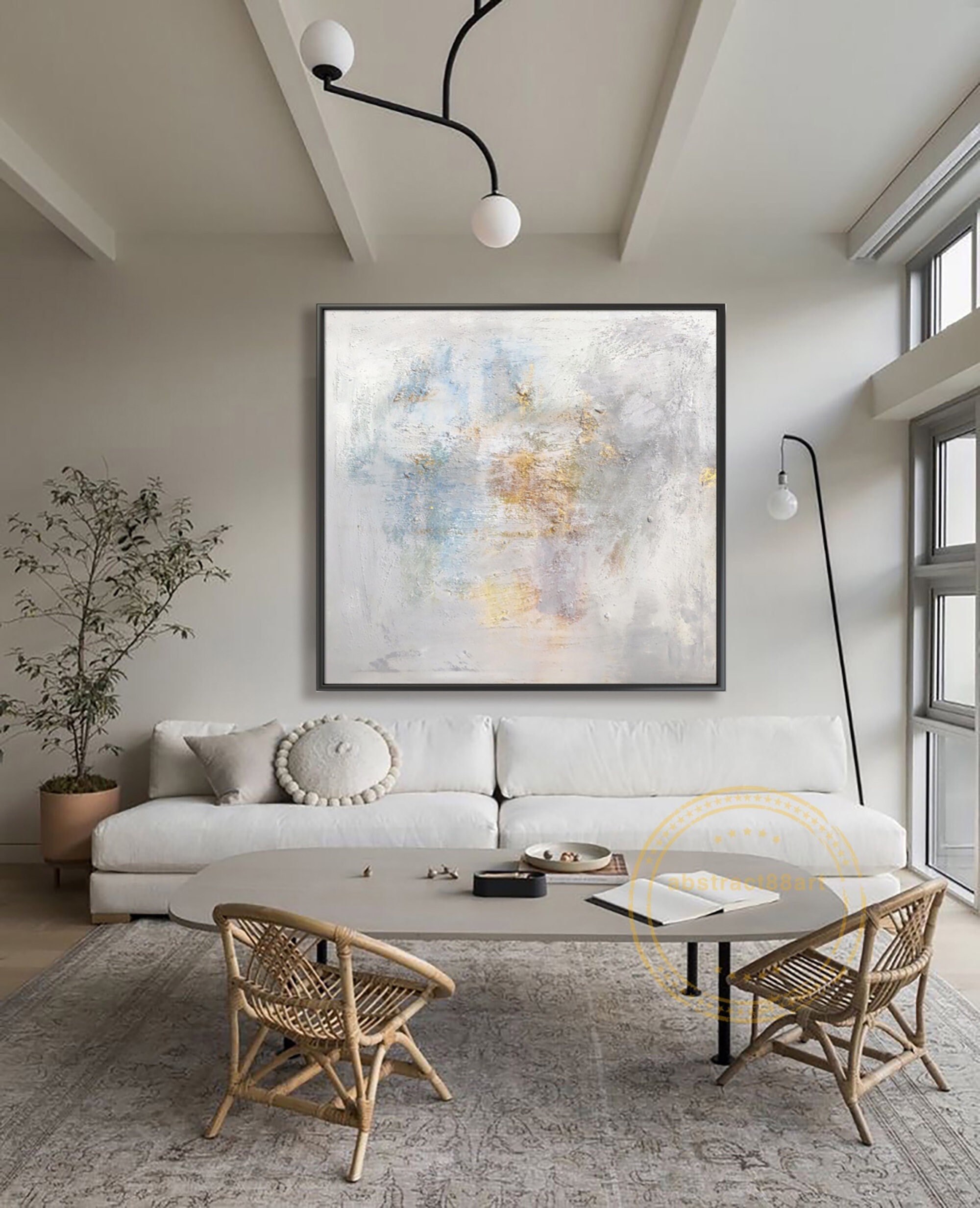 Large abstract white painting, gold 3D texture painting, grey blue acrylic painting, living room modern abstract painting, minimalist art