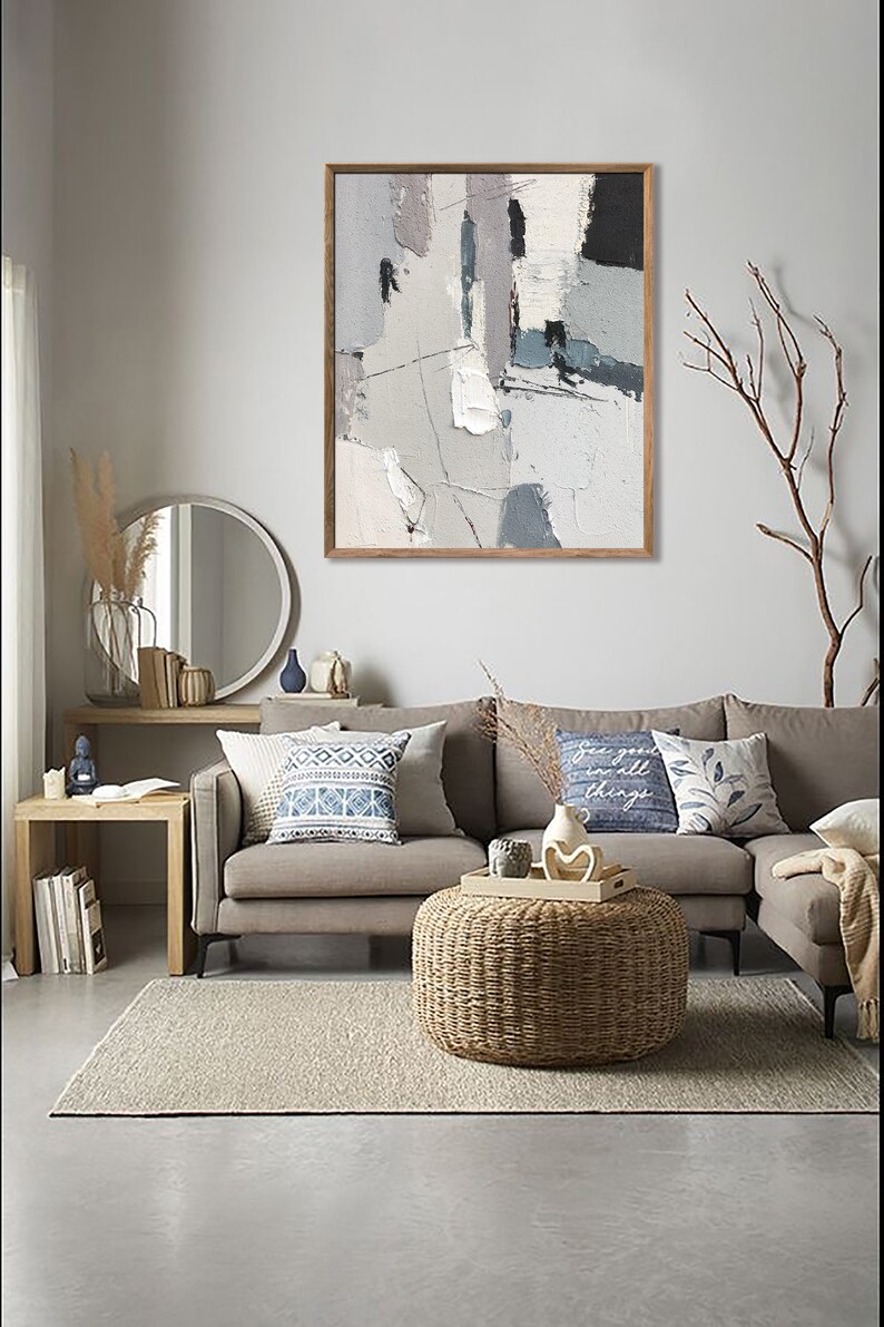 Oversized Abstract Painting, Light Blue 3D Textured Abstraction, Oil on Canvas, Bohemian