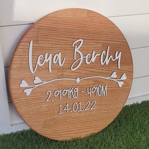 Premium Wooden Birth Announcement Sign | Round Baby Birth Plaque | Detailed Baby Disk | Baby&#39;s First Introduction | Newborn Birth Stats