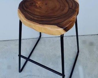 Seating Bar Stool / Vintage Style Barstools Acacia Wood with Black Legs / Kitchen Barstool / Breakfast Barstool / Live Edge Curated Barstool