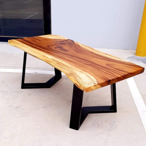 Natural Pure Wood Live Edge Coffee Table / Custom Stainless Steel Black Legs / Bespoke Coffee Table / Solid Tea Table / Handmade Wooden Legs