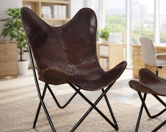 Handmade Buffalo Leather Butterfly Chair with Footstool Iron Frame