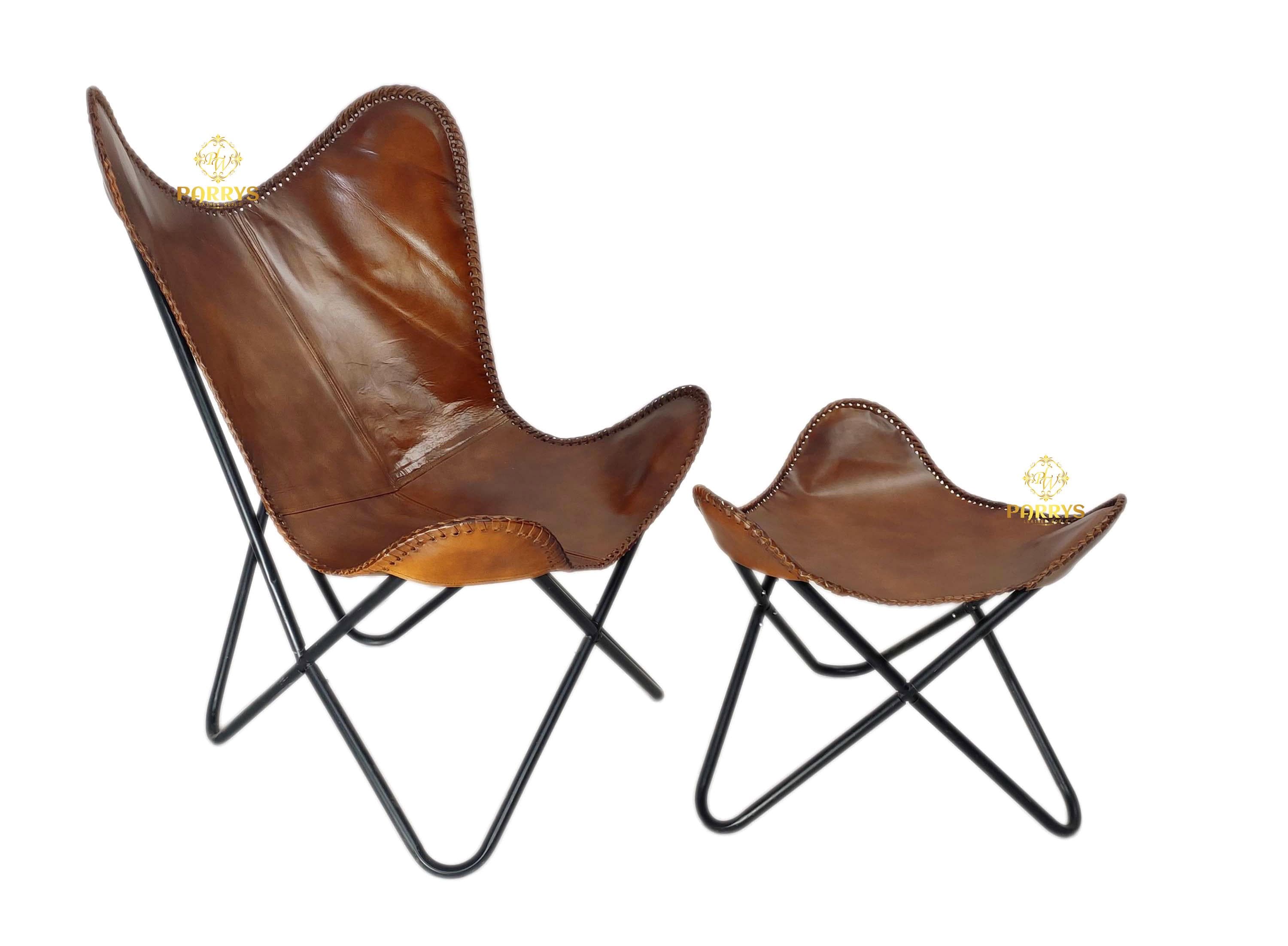 Handmade Buffalo Leather Butterfly Chair & Ottoman - Rustic Lounge Set