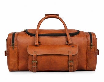 Personalized Goat Leather Duffel Bag, Handmade Vintage Travel Weekender