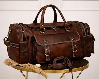 Handmade Full Grain Leather Travel Duffel Bag, Vintage Distressed Finish