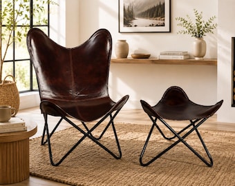 Handmade Buffalo Leather Butterfly Chair & Footstool - Rustic Lounge Seating