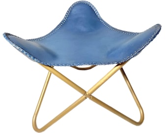 Handmade Blue Leather Butterfly Stool – Rustic Iron Frame Footstool
