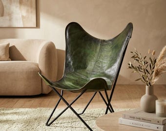Handmade Buffalo Leather Butterfly Chair, Mid Century Modern Accent