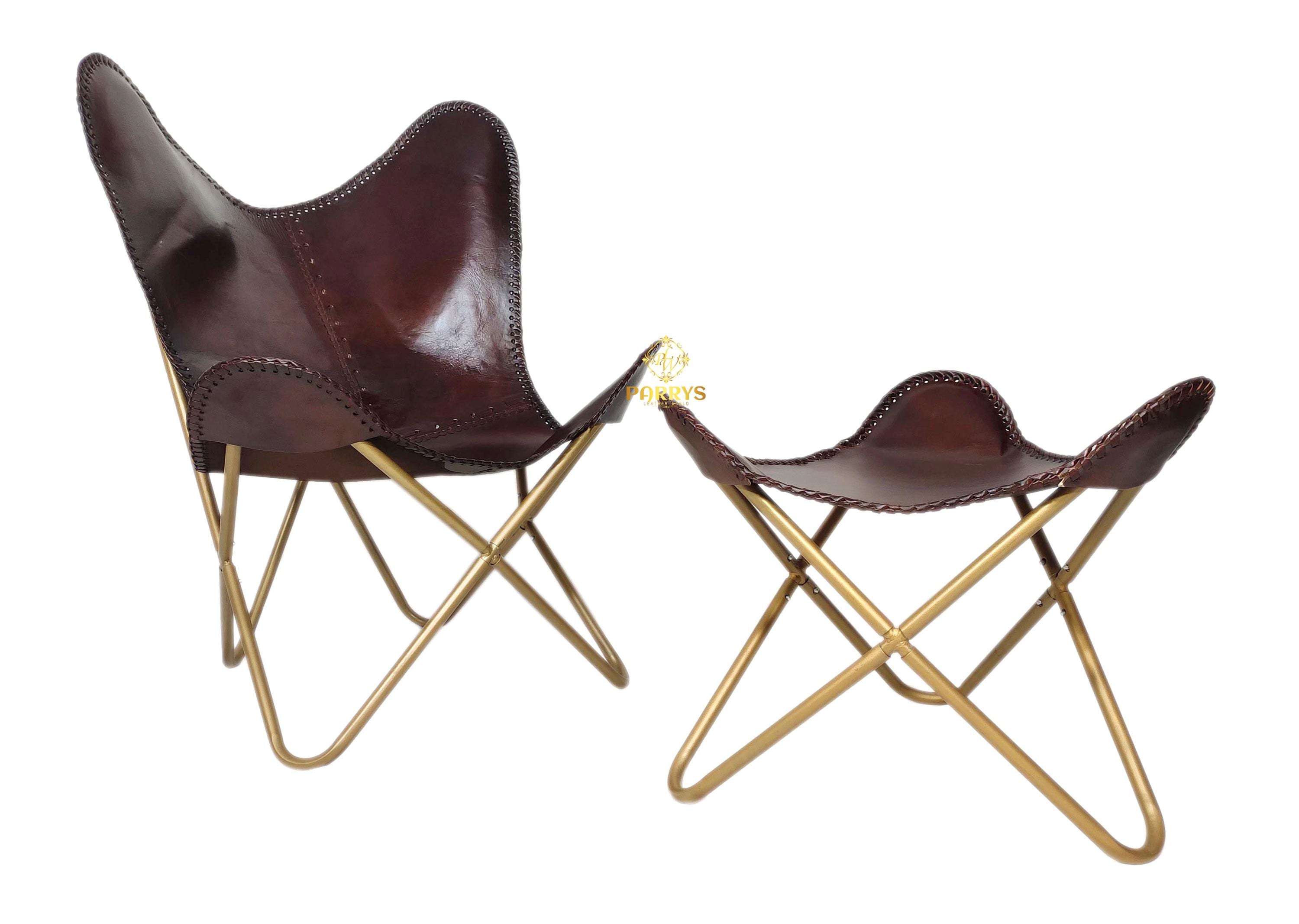 Handmade Antique Leather Lounge Accent Butterfly Relax Arm Chair Vintage Folding - Online