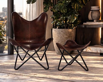 Sillón auxiliar de piel de búfalo hecho a mano con forma de mariposa y reposapiés – Sofá cama plegable de tela tipo hamaca