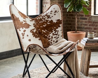 Cowhide Butterfly Chair, Boho Leather Accent Chair for Living Room, Handmade Sling Lounge Chair, Modern Rustic Home Decor Seating