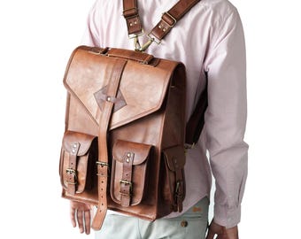 Handmade Full-Grain Leather Convertible Backpack Messenger Bag  16" Laptop Briefcase