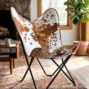 Handmade Cowhide Leather Butterfly Chair | Boho Leather Sling Lounge Seating | Rustic Accent Home Decor