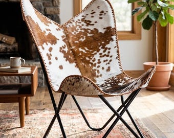 Handmade Cowhide Leather Butterfly Chair | Boho Leather Sling Lounge Seating | Rustic Accent Home Decor