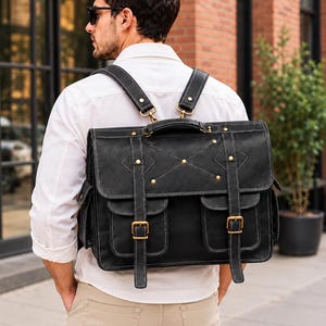 Bolsa mensageiro personalizada em couro de cabra de grão integral | Mochila conversível e pasta executiva | Bolsa transversal para viagens e uso casual
