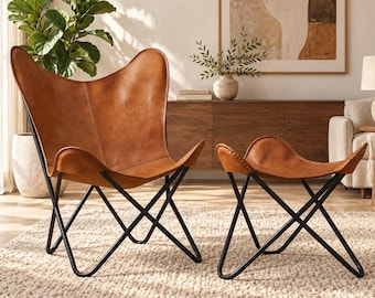 Vintage Handmade Buffalo Leather Butterfly Accent Relax Arm Chair Footstool Sling Lounge Seat Folding Iron Frame Multi Color Boho Furniture
