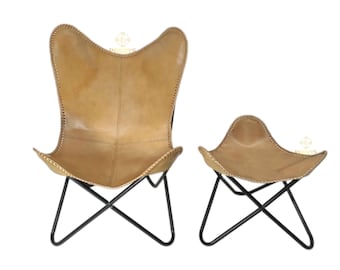 Handmade Buffalo Leather Rustic Butterfly Chair with Footstool Vintage Lounge Seating for Living Room