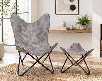 Handmade Cowhide Leather Butterfly Chair with Footstool, Vintage Industrial Lounge Seating