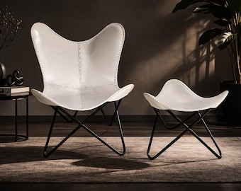 Handmade White Buffalo Leather Butterfly Chair with Footstool, Vintage Industrial Lounge Set