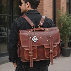Bolso bandolera personalizado de piel de cabra de grano completo para portátil / Mochila convertible y maletín / Bolso de viaje informal de estilo vintage