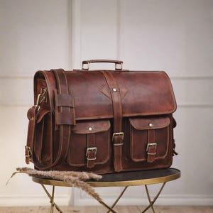 Personalized Distressed Goat Leather Messenger Bag | Vintage Laptop Office Briefcase Crossbody Casual Handbag |