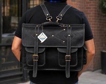 Handgefertigte Umhängetasche aus Leder | Wandelbarer Rucksack Aktenkoffer | Personalisiertes Geschenk für Männer Frauen Arbeitstasche Schwarz Braun