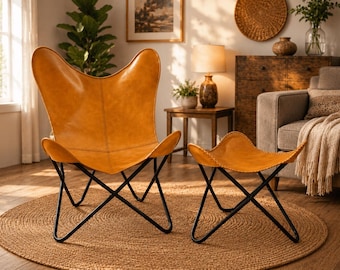 Handmade Buffalo Leather Butterfly Accent Chair with Footstool – Sling Lounge Furniture Sleeper Seat Folding Multi Color