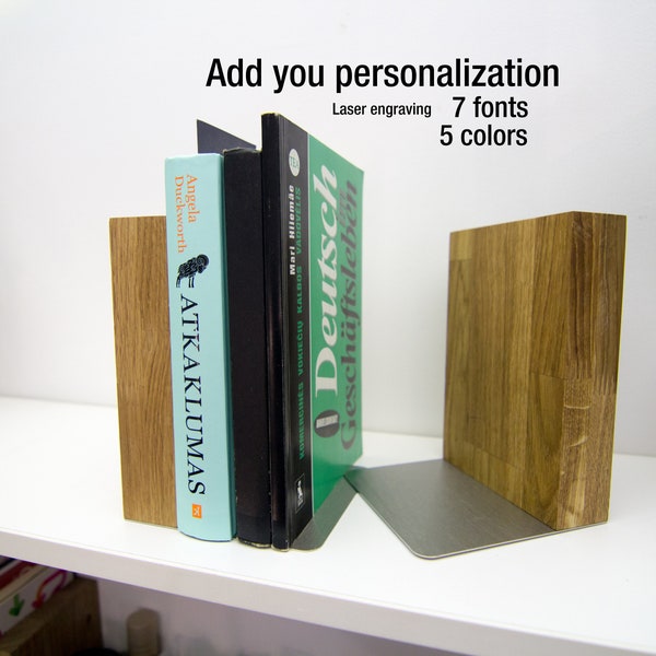 Wooden bookends with personalization, Oak wood Panel and Steel, Booklover gift for bibliophile friends, Shelf Accessorie.