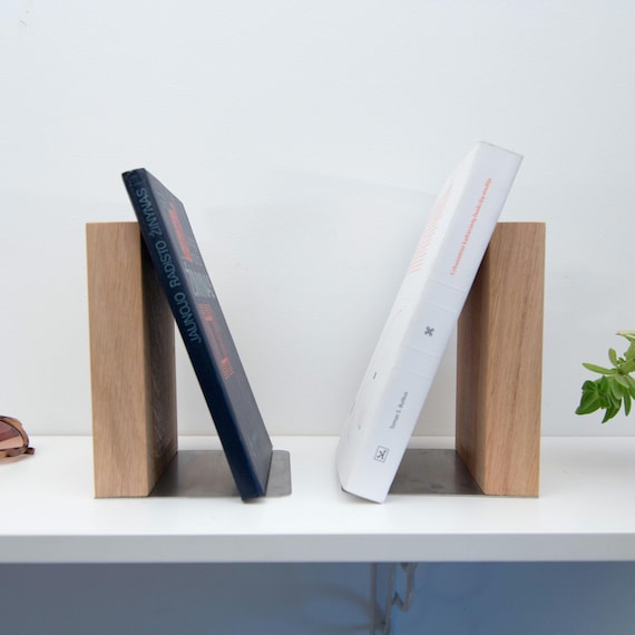 Wooden bookends, Solid wood and Steel, Booklover gift for bibliophile friends, Shelf Accessorie.