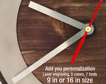 Round Wall Clock - Wood and Steel, Industrial design. Personalized, custom engraving