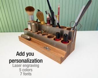 Wood Makeup Organizer: Oak & Stainless Steel Cosmetic Display