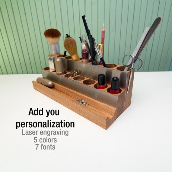 Wood Makeup Organizer: Oak & Stainless Steel Cosmetic Display