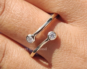 Bypass Round Moissanite Diamond Ring, Solid Gold Bypass Ring, Open Diamond Ring, Bezel Set Opened Ring, Open Cuff Ring