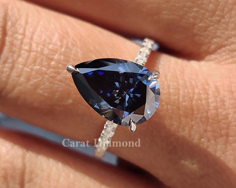 Rich Dark Blue Moissanite Ring Pear Cut Pave Set Wedding Ring Solitaire Moissanite Engagement Ring Anniversary Gifts For Women