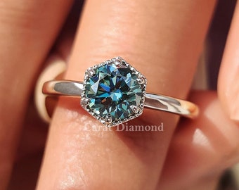 Hexagonal Shape Round Moissanite Engagement Ring Cyan Blue Moissanite Wedding Ring For Women White Gold Moissanite Jewelry