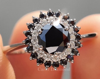 Double Halo Black Diamond Moissanite Ring, Round Colorless & Black Halo Engagement Ring, Designer Collection Ring, Anniversary Gift For Her