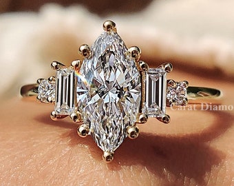 Marquise Diamond Ring, Five Stone Lab Grown Diamond Engagement Ring, Six Prong Proposal Gold Ring, Handmade Jewelry, Carat Diamond