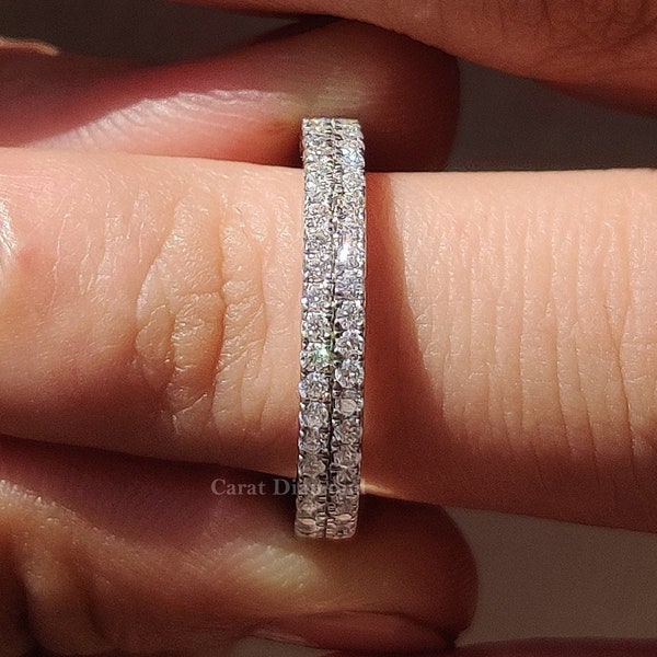 Moissanite Wedding Band, Double Row Pave Half Eternity Band, Round Cut Colorless Moissanite Band, Stackable Matching Band, Anniversary Ring