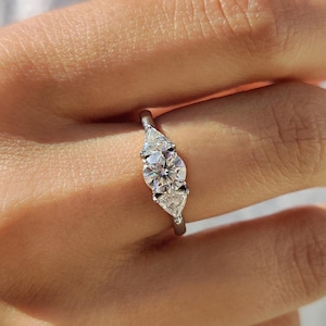 Three Stone Moissanite Engagement Ring Round Cut With Side Trillion Cut Unique Wedding Proposal Ring, Anniversary Gift
