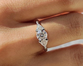 Moissanite Three Stone Engagement Ring: Round & Trillion Cut, White Gold