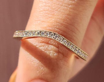 Curved Lab Grown Diamond Wedding Band: Milgrain Yellow Gold Ring